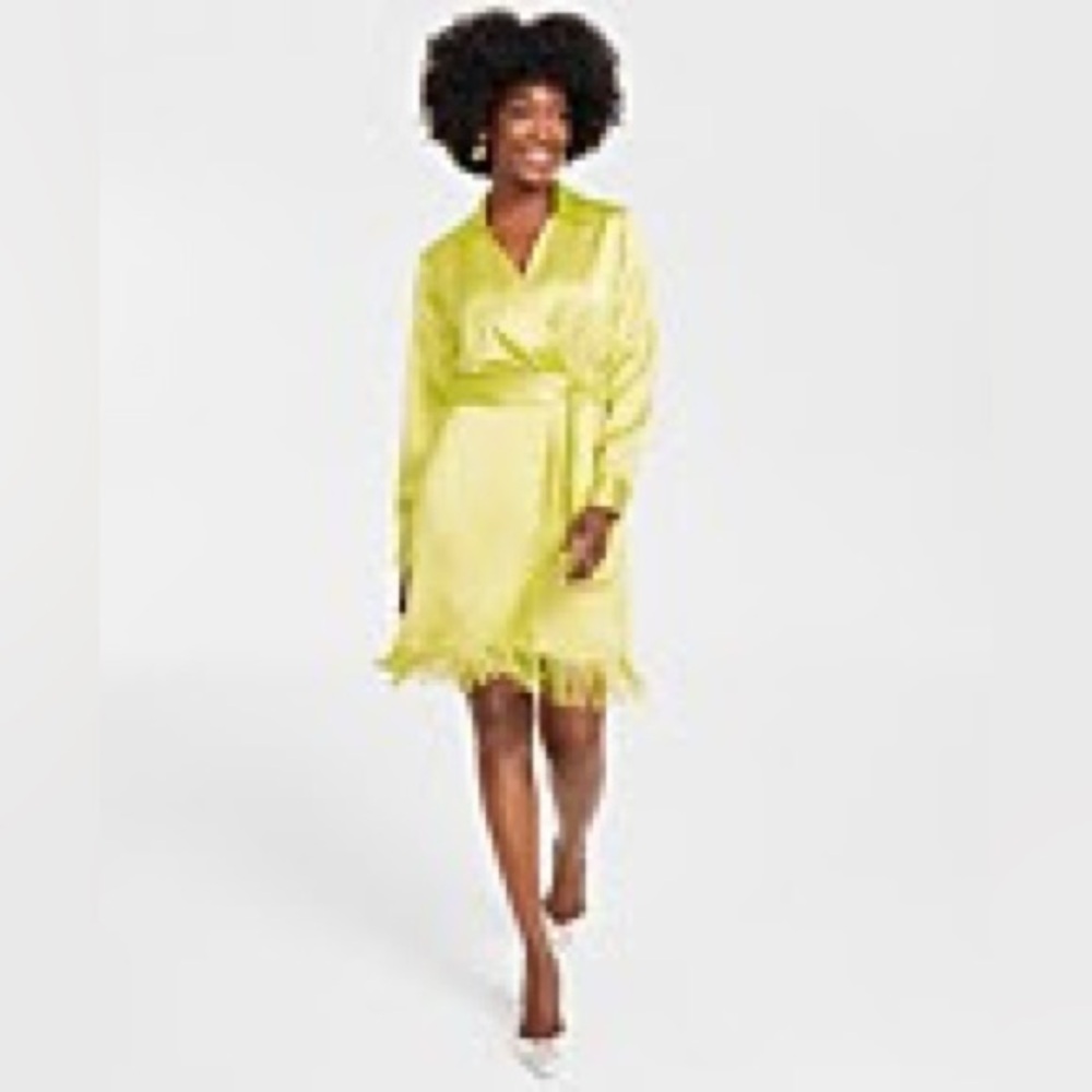 Inc International Faux Wrap Dress, Yellow Fringe Party Tie Waist Dress